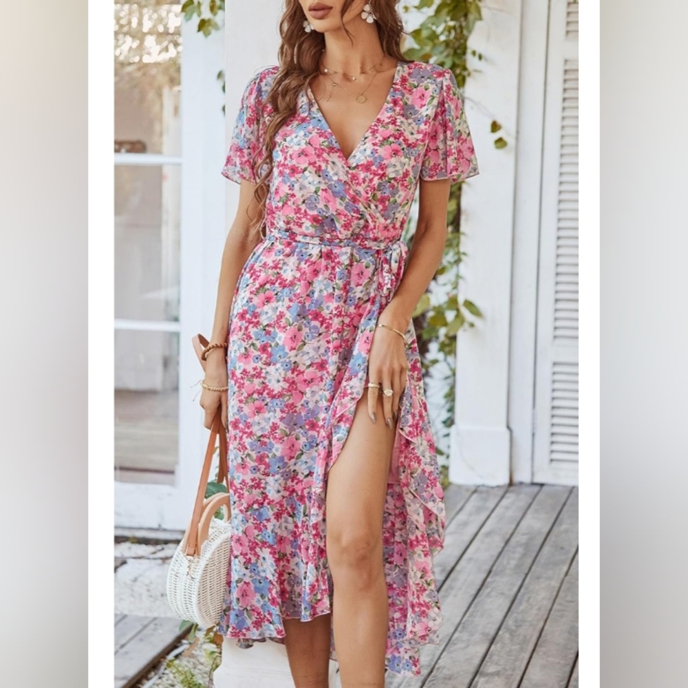 Women's Summer Floral V-Neck Dress Sz M